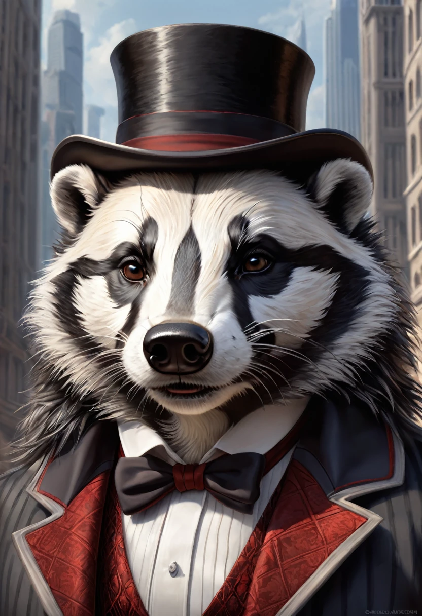 Anthropomorphic badger, english gentleman. Official Art – Charecter profile. An Award-Winning Digital Masterpiece In 4K Ultra HD, Extreme Detail And Intricate Realism. Symmetrical Face. This Concept Art Brought To Life By The Hands Of Artists Like Wlop & Artgerm In A Stunning 2D Vector Illustration.Background Is A Panoramic Vista.