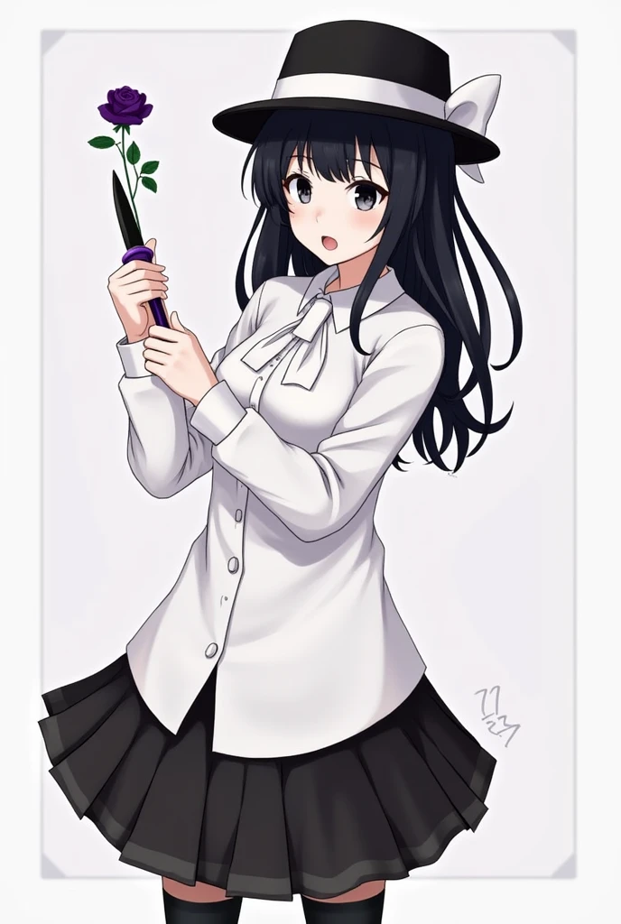 girl height 153 cm , hair color black hair, hairstyle indie, straight. Eye color black she stood surprised looking at the black rose that was held .Hat panama black. Clothes top gentleman white, skirt covered and medium size. Stockings black and white. Yandere by inclination, she is overexcited looking at you. She was holding a black and purple knife.