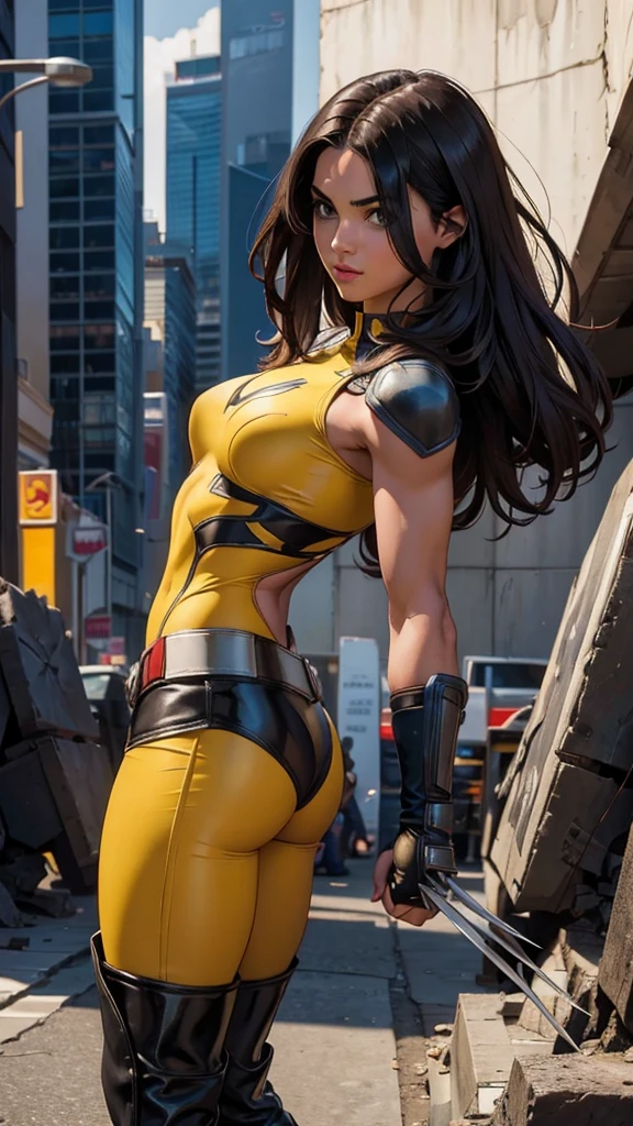 Wolverine, (Marvel comics), X-Men, sexy girl, powerful, yellow classic sexy suit, botas, manos con garras perfectas, Young, skynny body, small and beautiful buttocks, toned abdomen, small and beautiful breasts, sensual, pose de artes marciales, ciudad en llamas, edificios destruidos en el fondo, Dramatic background, mucha gente asustada, mirando al espectador, sensual look, beautiful brown eyes, classic hairstyle,Hair dyed in bright black color, best quality,4k,8k,A high resolution,masterpiece,Ultra detailed,realistic, Photorealistic,photo realistic, ultra realistic 