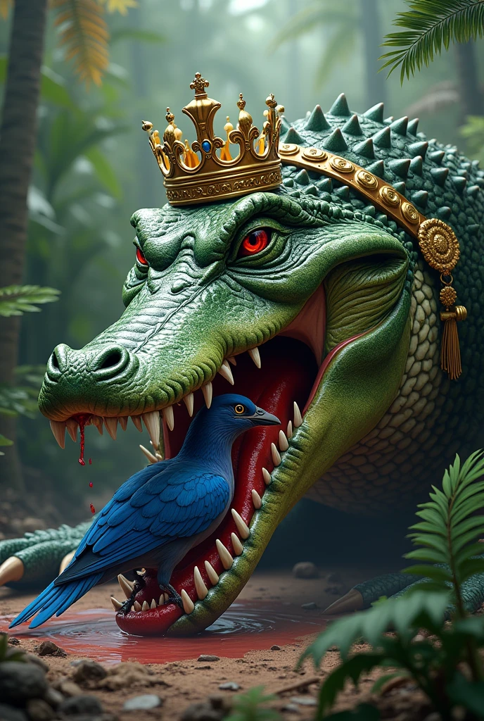 Crocodile with a medal on its neck and a crown on its head, eating a small blue bird