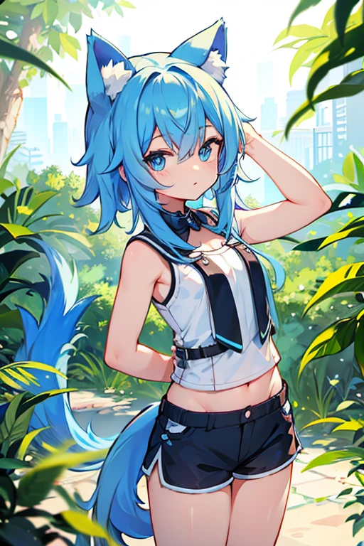 Animal ears,Blue Eyes,Bushy tail,Shorts,There's a train behind,On Bridge,On Bridgeでこちらを見て立っている,Japanese Trains,Buildings behind,Tokyo,Hold one hand above your head,Strong winds,Hair fluttering in the wind,Long Hair,There's a slight perm,ponytail,Jersey,Close your eyes,Second Person Viewpoint,There's a car driving in front of me,Watching from a little distance,It looks like a photo taken from a little distance.,Large Entrance Clouds,It's a little shady,Sunny,clear々Shii Sky,summer