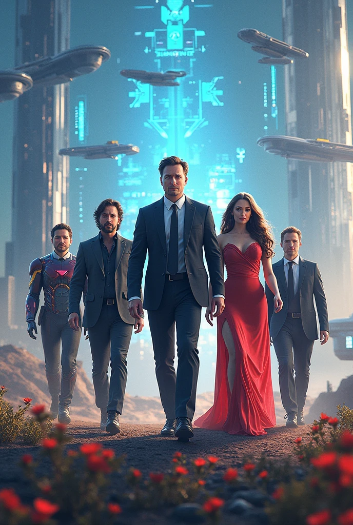 Generate a picture for profile bannar of tony stark, Hnery cavil , khabib , elon musk, ana de armas and Sydney sweeny in artificial world