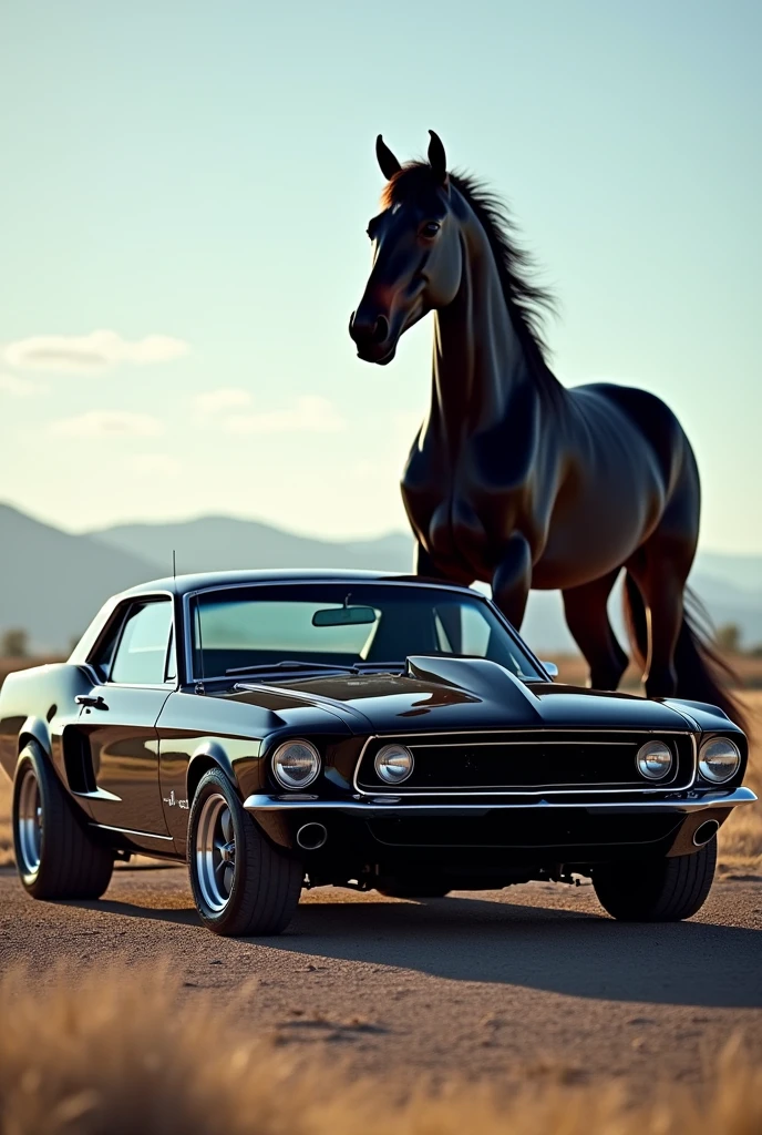 Carro Mustang, with a black Thoroughbred Mustang horse behind the car