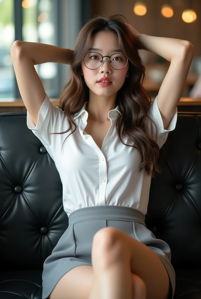 ((best quality, 8k, masterpiece: 1.3)), beautiful korean girl, pure, Melon face, kind and cute, light smile, pure desire, slim body, (front), (tilted head), long brown wavy hair, windy hair, Long flowing shoulders, big round black eyes, Round glasses, Clear, big eyes, moist red lips, sweet, Lying with my legs spread on a comfortable black sofa in a cafe, blurred background, bright lights, dehisce, Pleading Eyes, ((((whole body)))), sexy slim legs, small firm breasts, lift up your skirt, ((Slender muscular body)), (M legs:1.5), ((Lifting the skirt:1.5)), Wearing a white short-sleeved shirt, (open shirt:1.3), Gray Braided Mini Skirt, White panties under skirt, tilted head, (holding a weapon, Arms over head), Focus on her legs
