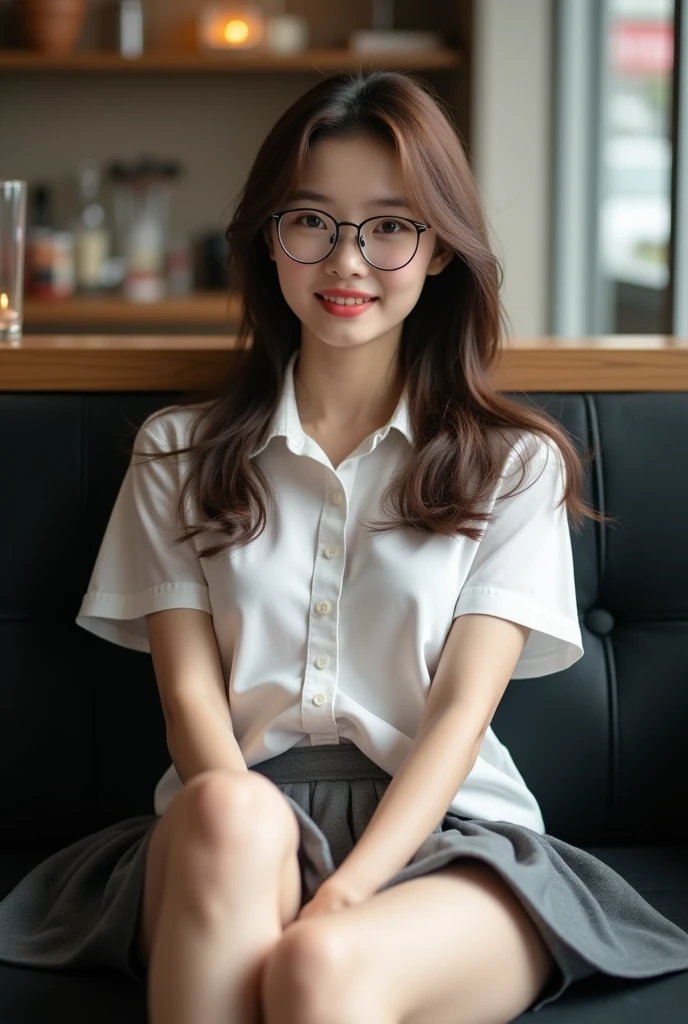 ((best quality, 8K, masterpiece: 1.3)), beautiful chinese girl, pure, melon face, kind and cute, light smile, pure desire, slender body, (front), (tilted head), long brown wavy hair, windy hair, long flowing shoulders, round black big eyes, round glasses, clear big eyes, moist red lips, sweet, lie down open legs on comfortable black sofa in cafe shop, blured background, bright lighting, open mouth, pleading eyes, ((((whole body)))), sexy slender legs, small firm breasts, lift your skirt, ((slim muscular body)), (M-legs:1.5), ((lifting you own skirt:1.5)), wearing white shortsleeve collar shirt, (open shirt:1.3), grey platted pencil micro skirt, upskirt white panties, tilted head, (arms up, arms above head), focus on her legs