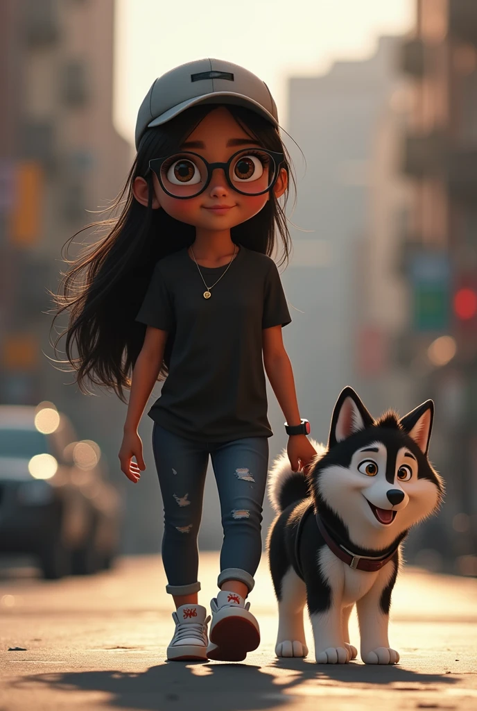 pixar design, a teenage girl with glasses and a cap, long black fur, brown skin, wearing a black shirt, jogger , Stop on a street, with a pet husky