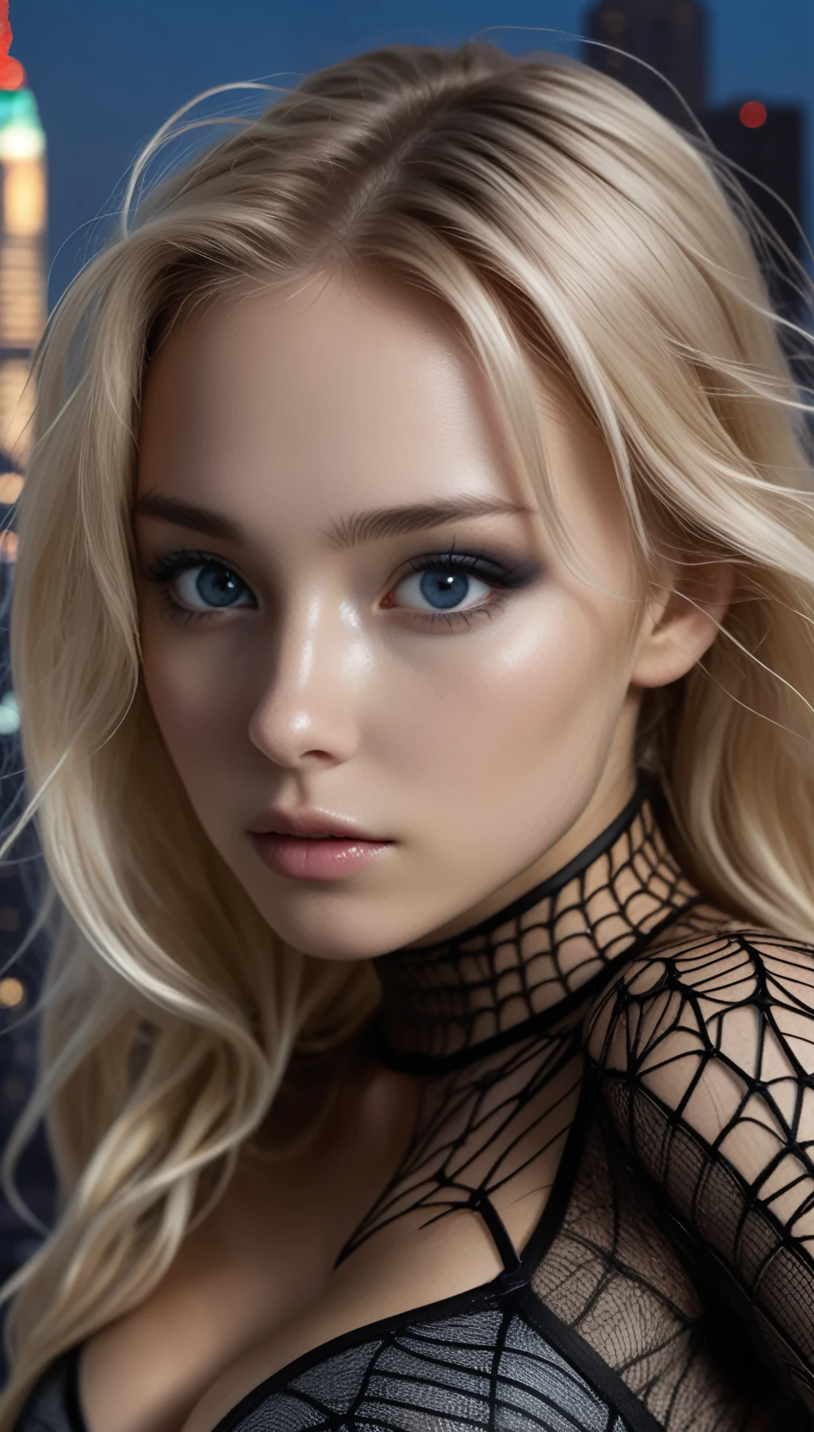 Nighttime, darkness, shadows, 1girl, spider suit, spider web print, spider web, spider-girl, ultra modern, black and silver mesh pattern, exposed sections of body, Masterpiece, gorgeous 18 year old norwegian girl. fishnet
fine details, HDR, ((highly detailed face and eyes)), photorealistic,, focus on the eyes,, standing on the roof of a skyscraper, ((without mask)), 
looking at the viewer, blonde hair,  background of New York buildings at night,
sultry expression. Darkness. Romantic, edgy and gritty. Cool. sexy pose, low side lighting. exposed leg, exposed stomach, exposed shoulders, crouched superhero action pose.