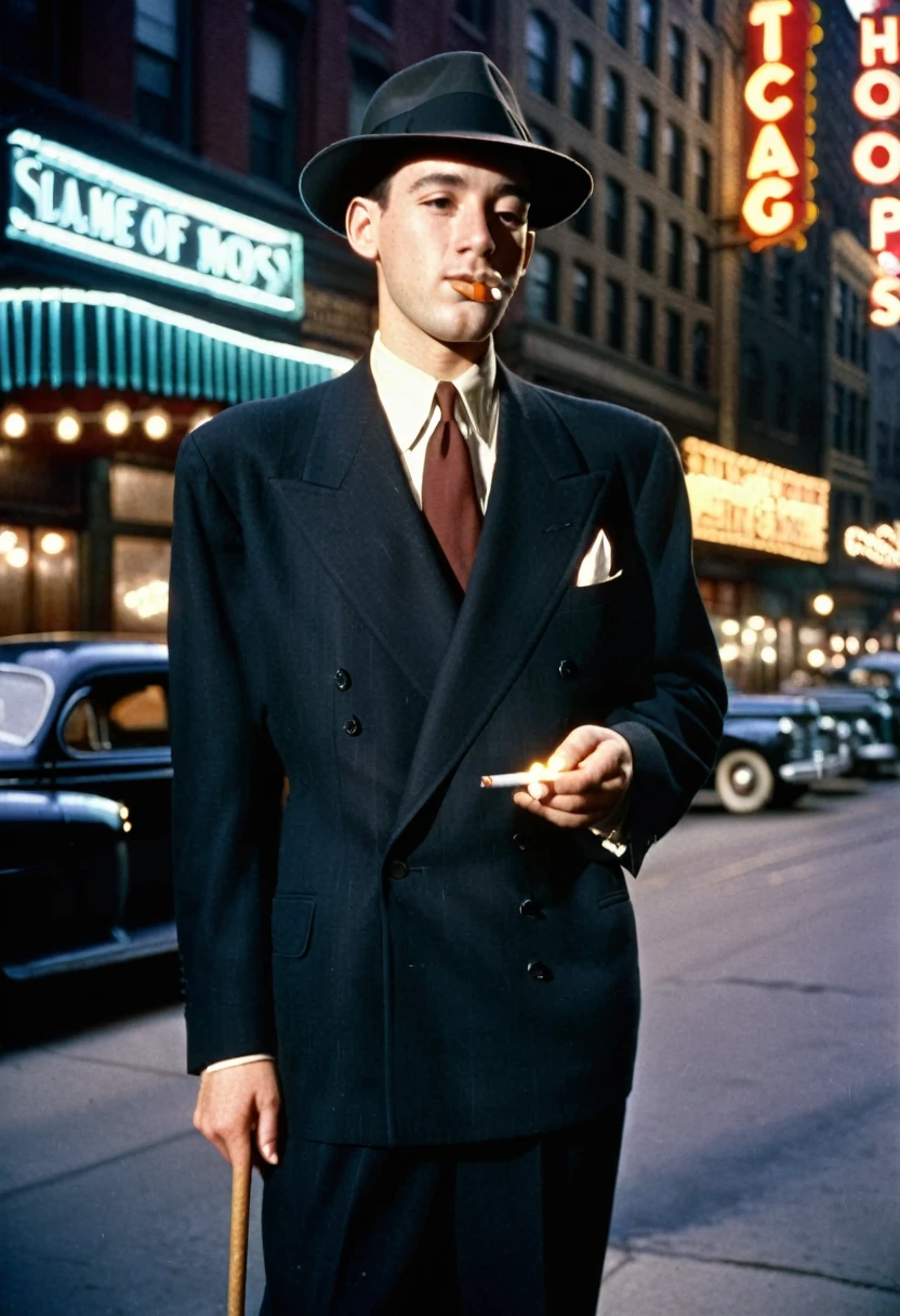 Young man in a black tailored suit, matching fedora, smoking cigarette, streets of Chicago, 1940s,  in color