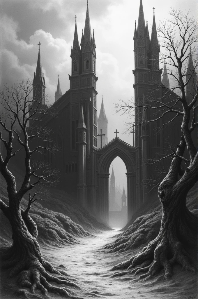 Charcoal classical drawing. Ghotic landscape