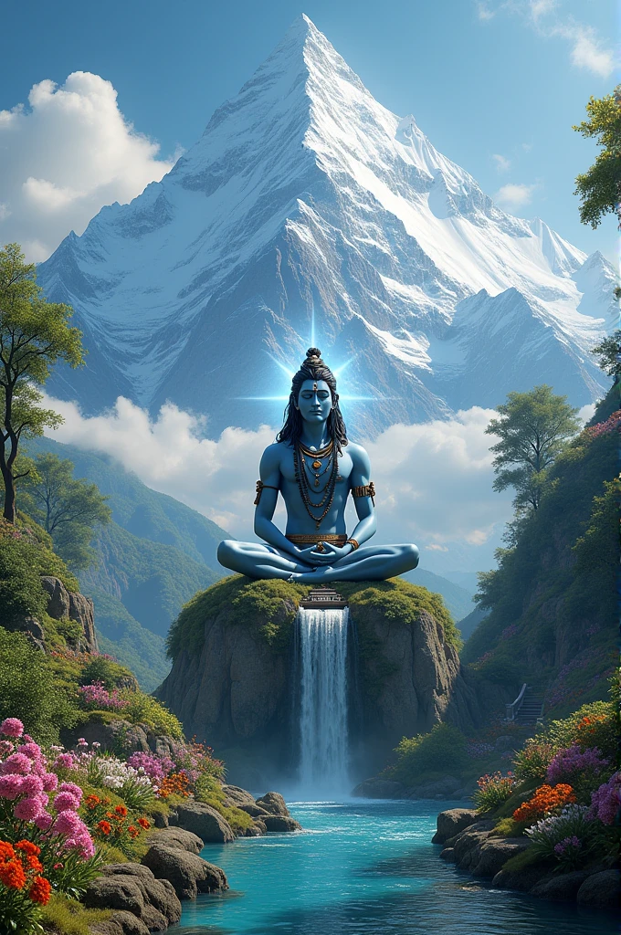 Generate an image of lord Shiva in kailash mountain and beautiful garden with lots of positive energy 