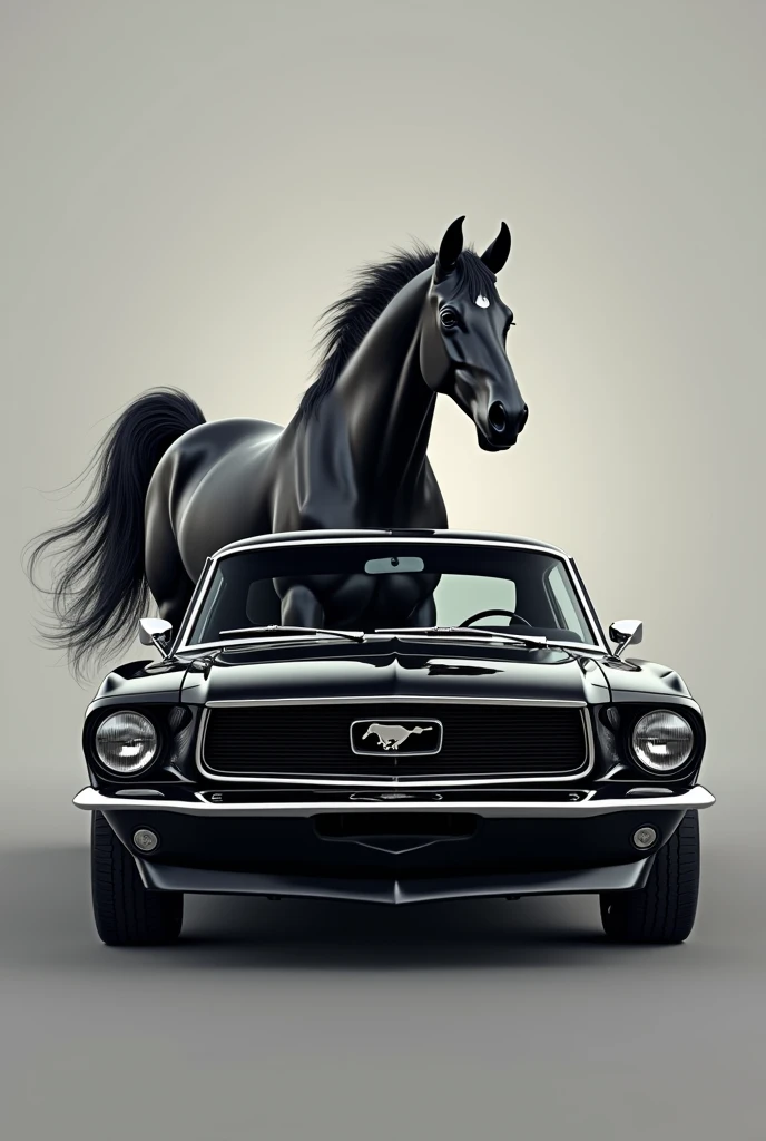 Carro Mustang, with a black Thoroughbred Mustang horse behind the car