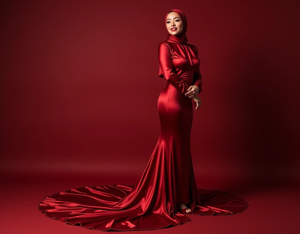 a woman in the translucent silk red gown, tight full body tied, satin sheet, nipple on with nipple piercing, wear modern hijab, full body, long satin,mermaid tight long gown, flowy dramatic long gown, tall women, strugle to walk, wear high heels, masterpice
