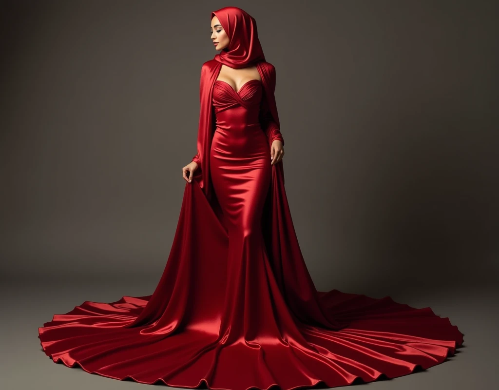 Captivating, elegant woman is engendered in a cascade of four-meter-long, ruby-red, plush satin fabric. The material clings tightly to her figure, spreading out into a pooled train at her feet, mimicking a mermaid's tail. A satin hijab cloaks her head, revealing only a hint of her upper body. This full-body portrait radiates a mythical sophistication. Wrapped, eth