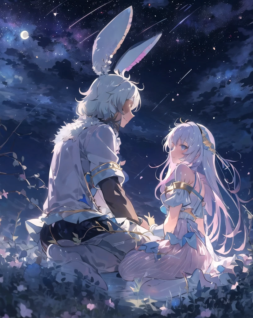 masterpiece, Highest quality, 1 girl and 1 man,Bunny ears:1.5, They are staring at each other, Confession, Small breasts, ((Under the moonlight, beautiful milky way)), Wearing a dress, skirt, フレアskirt, smile, Anime Fantasy, Flowing white hair, Fantasy Anime, Ethereal Anime, Beautiful anime art, Beautiful digital art, Anime Fantasyアートワーク, Anime Fantasyアートワーク