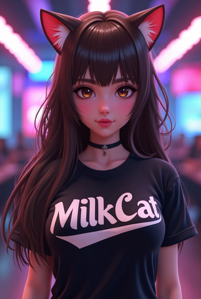 Girl with long brown hair , with bangs and brown eyes ,with a lot of bust and that is in a game arena in the grandstand corridor , com o nick "MilkCat" written on the black blouse and with cat ears in the shape of an icon
