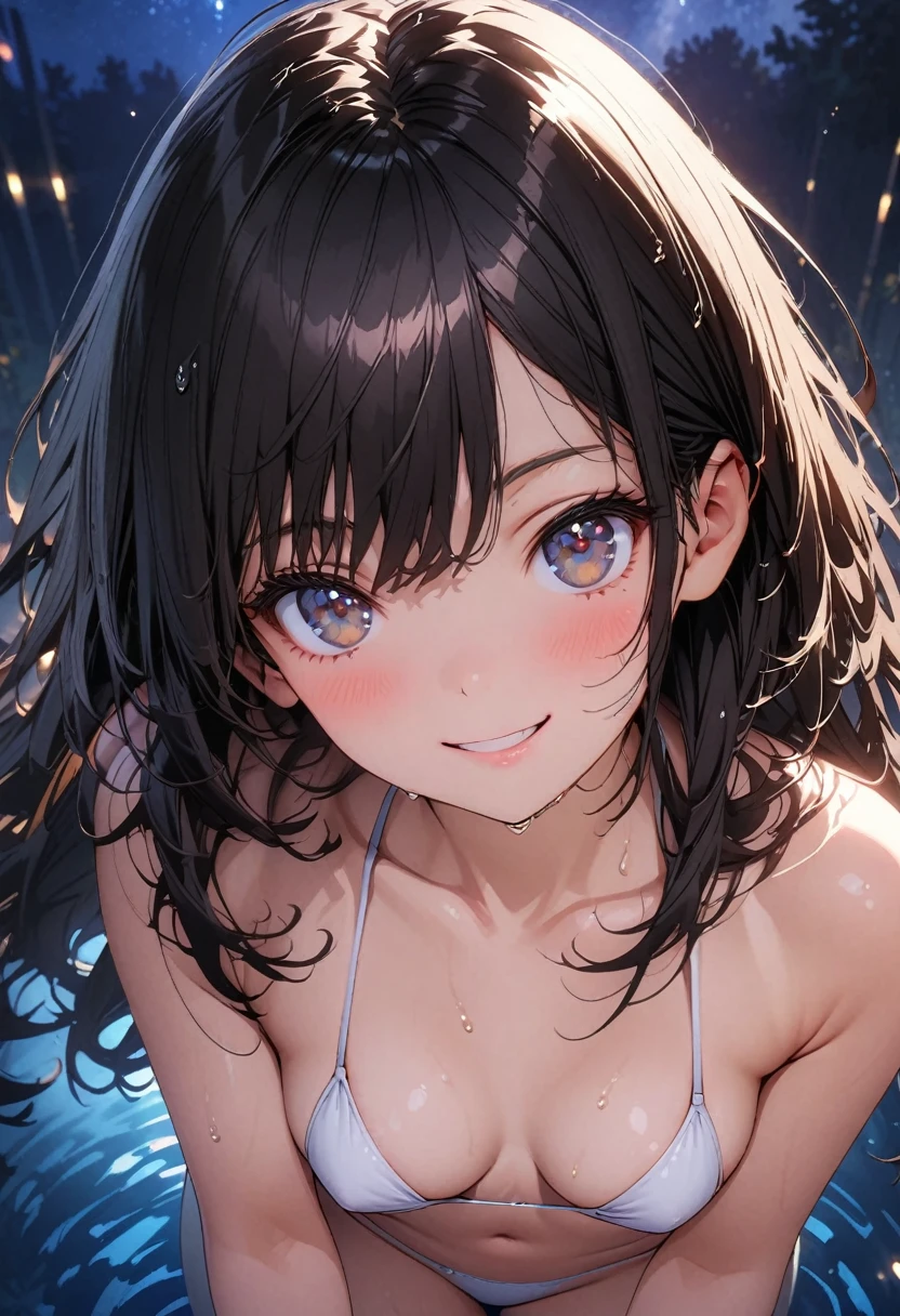 (best quality: 1.2, very detailed, high detail, ultra-high resolution, masterpiece: 1.2, top quality, best aesthetic, perfect lighting, best shadow, high contrast,high color saturation, the best natural light),
((beautiful and attractive girl, 1 girl)),
(white bikini:1.3), micro bikini,
straight long hair, shiny brown hair, bangs,
(small face:1.2), slender body, slim, long limbs, medium breasts, wet skin,
very adorable face, smile, sensual look, sparkling black eyes, moist eyes, (finely detailed beautiful eyes: 1.3), not looking at the camera,
midnight, a beautifully illuminated night pool, sparkling starry sky, moonlight, lighting from above,
anatomically correct, perfect hands,
cowboy shot, shot from below,
deep depth of field, anime artwork,