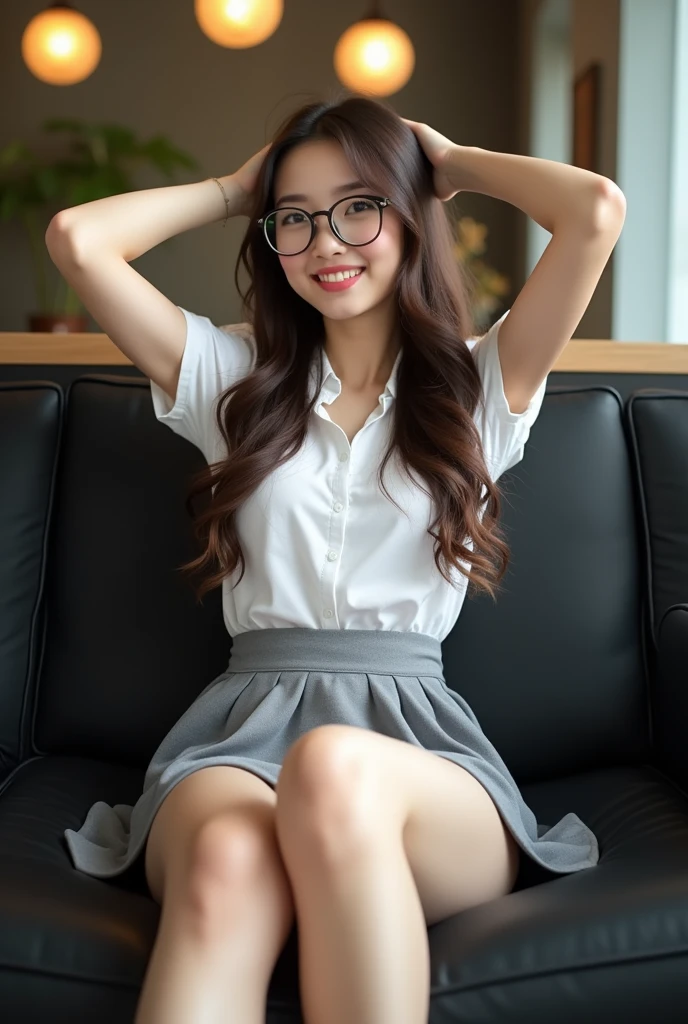 ((best quality, 8K, masterpiece: 1.3)), beautiful indonesian girl, pure, melon face, kind and cute, light smile, pure desire, slender body, (front), (tilted head), long brown wavy hair, windy hair, long flowing shoulders, round black big eyes, round glasses, clear big eyes, moist red lips, sweet, lie down open legs on comfortable black sofa in cafe shop, blured background, bright lighting, open mouth, pleading eyes, ((((whole body)))), sexy slender legs, small firm breasts, lift your skirt, ((slim muscular body)), (M-legs:1.5), ((lifting you own skirt:1.5)), wearing white shortsleeve collar shirt, (open shirt:1.3), grey platted pencil micro skirt, upskirt white panties, tilted head, (arms up, arms above head), focus on her legs