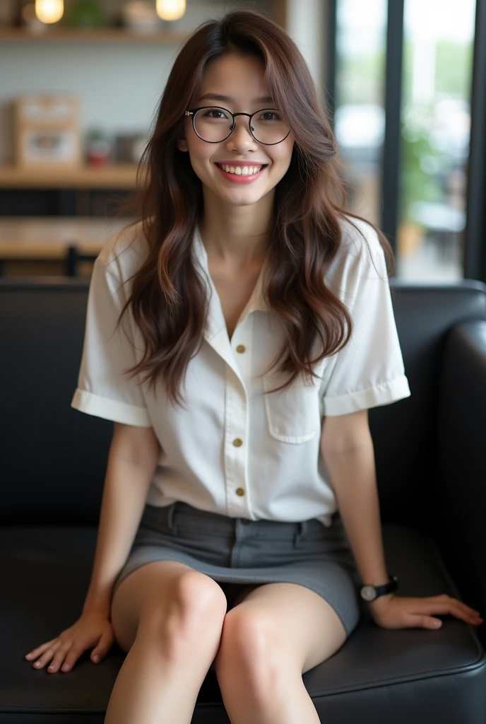 ((best quality, 8K, masterpiece: 1.3)), beautiful indonesian girl, pure, melon face, kind and cute, light smile, pure desire, slender body, (front), (tilted head), long brown wavy hair, windy hair, long flowing shoulders, round black big eyes, round glasses, clear big eyes, moist red lips, sweet, lie down open legs on comfortable black sofa in cafe shop, blured background, bright lighting, open mouth, pleading eyes, ((((whole body)))), sexy slender legs, small firm breasts, lift your skirt, ((slim muscular body)), (M-legs:1.5), ((lifting you own skirt:1.5)), wearing white shortsleeve collar shirt, (open shirt:1.3), grey platted pencil micro skirt, upskirt white panties, tilted head, (arms up, arms above head), focus on her legs