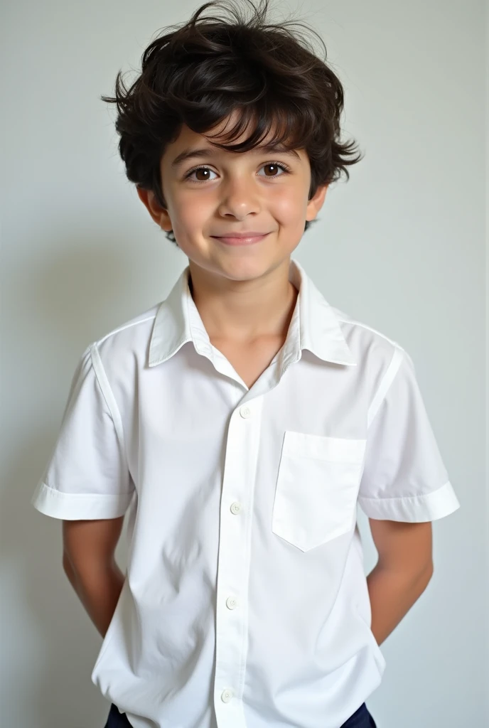 handsome boy, blackish brownish hair, brown eyes, wearing a white school shirt, with pants, no background behind him