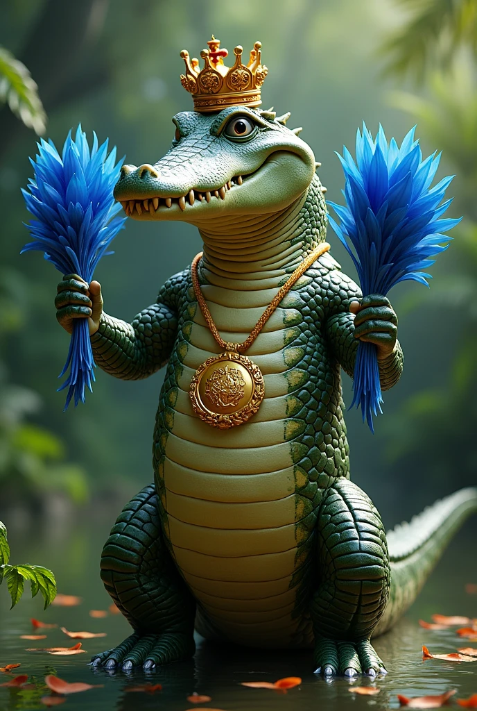 Crocodile with a 1st place medal on its neck and a crown on its head, with blue bird feathers in its mouth