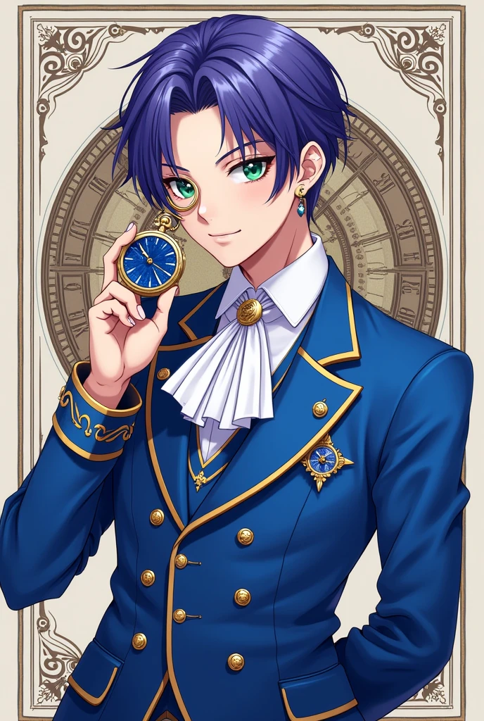 A young male Idol with neat and elegant purple-blue hair. Green eyes. Wearing a European-style performance Idol-outfit in blue and white, European suits combined with sexy Gothic and Baroque styles, stylized like a sexy unique fashion model, full of artistic personality. Wearing gold monocle quizzing-glass and holding a sapphire blue pocket watch. Earrings stylized to match the outfit.
On the background is the Deus ex Machina logo with the symbol of a time-traveling clock. The main color is #e8b923.