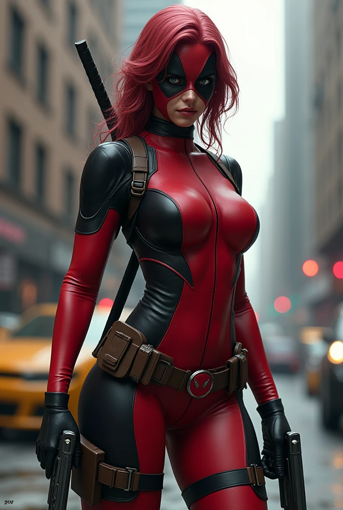 lady deadpool, anime style. cat walking