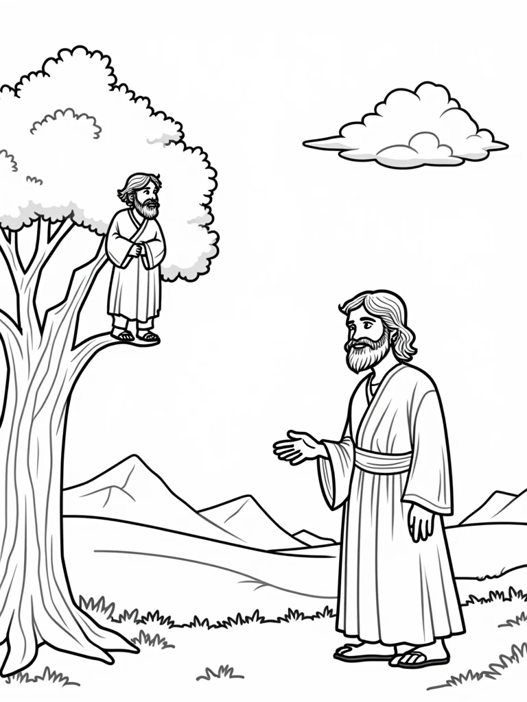 Coloring page of JESUS talking to Zacchaeus in a beautiful landscape and Zacchaeus on top of a tree, cartoon-like, thick line, uncolored, white background, just traces.