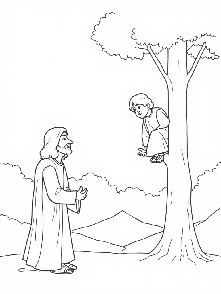 Coloring page of JESUS talking to Zacchaeus in a beautiful landscape and Zacchaeus on top of a tree, cartoon-like, thick line, uncolored, white background, just traces.