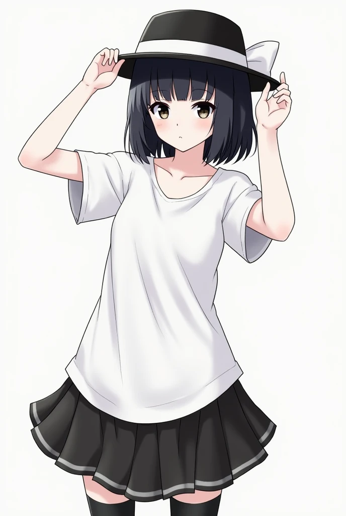 girl height 153 cm , hair color black hair, hairstyle indie, straight. Eye color black. .Panama hat black. Clothes top gentleman white, skirt covered and medium size. Stockings are black and white . make completely style yandere.