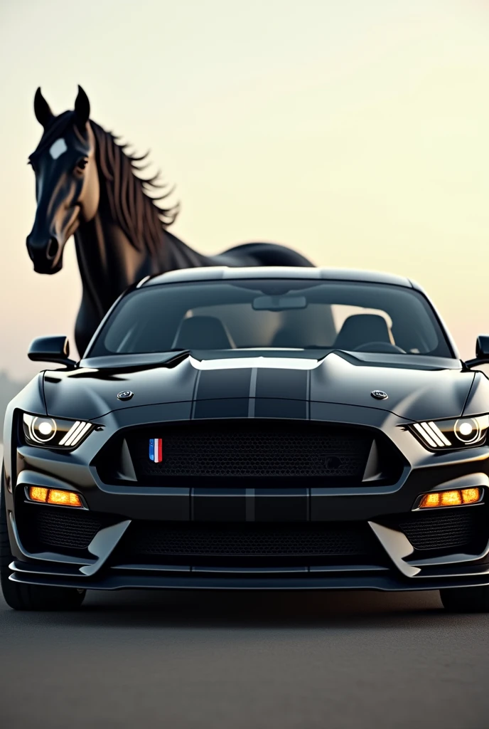 Carro Mustang, with a thoroughbred black Mustang horse behind the realistic car 