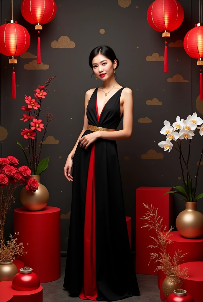 1. Wallpaper và Layout:
Wallpaper:
Choose a black or dark gray background to highlight the red and black shades of the model and decoration.
You can use a background with gentle patterns such as moon and stars or metallic patterns to add appeal.
Layout:
Arrange decorative elements such as lanterns, led light, and moon cakes around the model in a balanced manner.
Place the model in the center or to one side to create space around the accessories.
2. Model's Outfits:
Colour:
Black and red clothes combine harmoniously, for example a long black dress with red accents or vice versa, to create contrast and stand out.
Styles:
Choose clothes with modern and sophisticated designs, such as a long dress or a cape with gentle details to match the chic style.
Use accessories like necklaces, earring, or a metallic gold belt for added sparkle.
3. Props and Decorations:
Decorative table:
Place a decorative table with a glossy black or glass surface, and decorate with items such as red lanterns, yellow candle, and modern moon cake models.
Use silver or gold cake plates and trays to add a touch of elegance.
Decorative details:
Add details like fresh flowers (red roses or white orchids) to create emphasis and freshness.
Combine with metallic or iridescent details to highlight the red and black of the model's outfit..
4. Light và Angle shooting:
Light:
Use soft and even lighting, Combine key lighting and background lighting to highlight the nuances of the costumes and setting.
Use light shining from above to create a shimmering effect on decorative details.
Angle shooting:
Shoot from different angles to create variety, include wide angles to cover the entire scene and close-ups to highlight details like costumes and accessories.
These elements will help create a Mid-Autumn Festival photography backdrop that is both modern and modern, luxurious, It also fits the model's style.
Please draw with pictures so I can easily visualize
