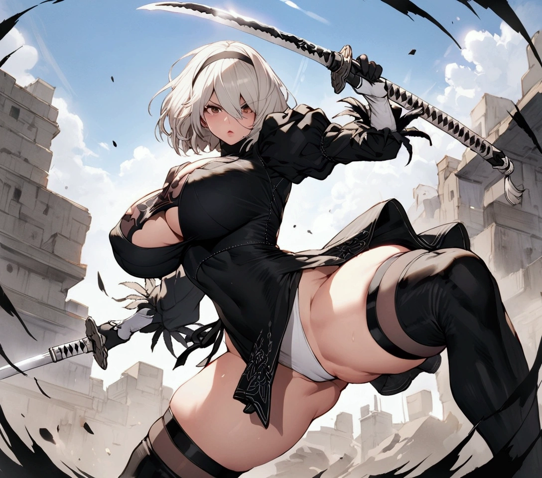 Best Quality, 2B Nier Automata, huge breasts, Whole body, fought, with katana, a mini braga