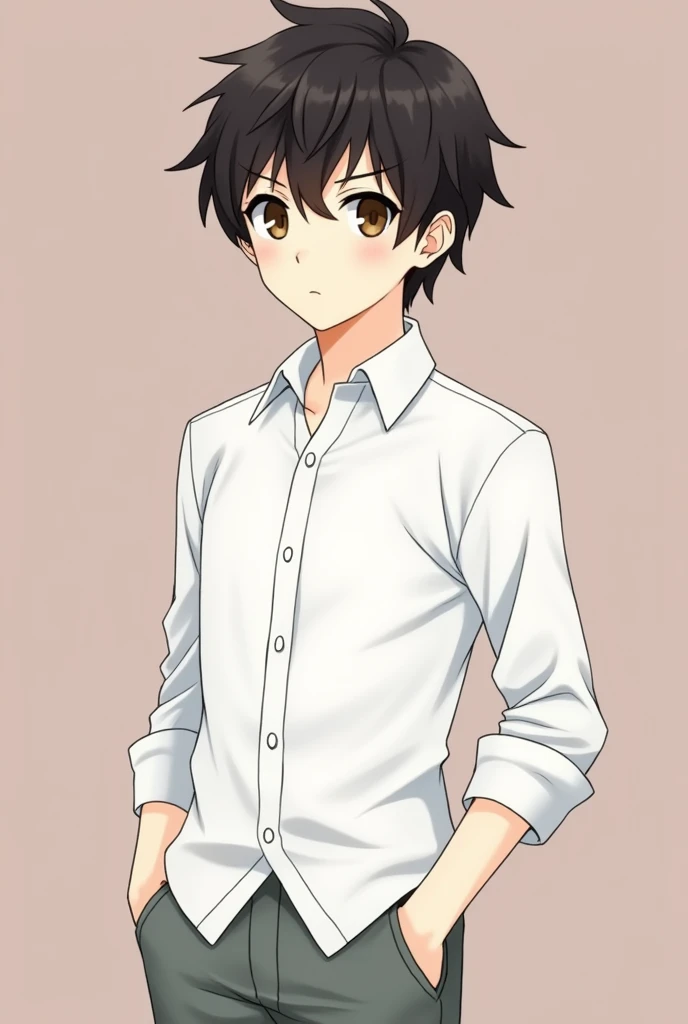 handsome boy, blackish brownish hair, brown eyes, wearing a white school shirt, with pants, no background behind him, anime