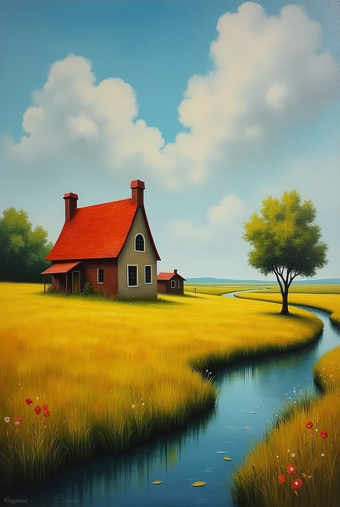 House  in field near river, oil painting in style of Rufino Tamayo 