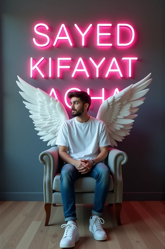 Creat a 3d illosion a propile picture were a25 year old cute boy in a white shirt casually on a wingback chair Waring sneakers he looks a headthr background features Sayed kifayat agha in big and capital oring neon lighter fonts on the dark gray wall the should not be his shadow and there are whiteout  wings to make it appear as if he is an angel .