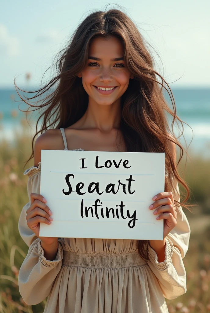 Beautiful girl with wavy long hair, bohemian dress, holding a white board with text "I Love Seaart Infinity" and showing it to the viewer