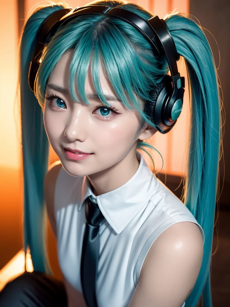 (beautiful japanese girl), (Highest quality,128k, masterpiece:1.55, photorealistic, hyperrealistic), 128k wallpaper,
BREAK (Shot with Canon EOS 5D Mark 4 and Canon EF Lens 85mm F1.2L lens, F value 1.2, ISO 50, shutter speed 64),
BREAK (beautifull, detailed face, detailed eyes), Ultra detailed face, Detailed lips, Detailed eyes, double eyelid,
BREAK (((Sing with a microphone, Sing with your mouth open))),
BREAK cineamtic angle, from the front, (View your viewers:1.5), dynamic angle, dynamic pose, (A gentle smile:1.5),
BREAK (Beautiful Japanese Idols),
BREAK 1girl, miku hatsune,
BREAK ahoge, ((aqua eyes, aqua hair)), crossed bangs, hair between eyes, hair ornament, headphones, long hair, twintails,
BREAK ((aqua necktie)), black footwear, black skirt, black sleeves, boots, collared shirt, detached sleeves, grey shirt, necktie, pleated skirt, shirt, skirt, sleeveless, sleeveless shirt, thigh boots, tie clip,
BREAK Spotlight, Highly detailed background, Live Stage, Neon Light,
