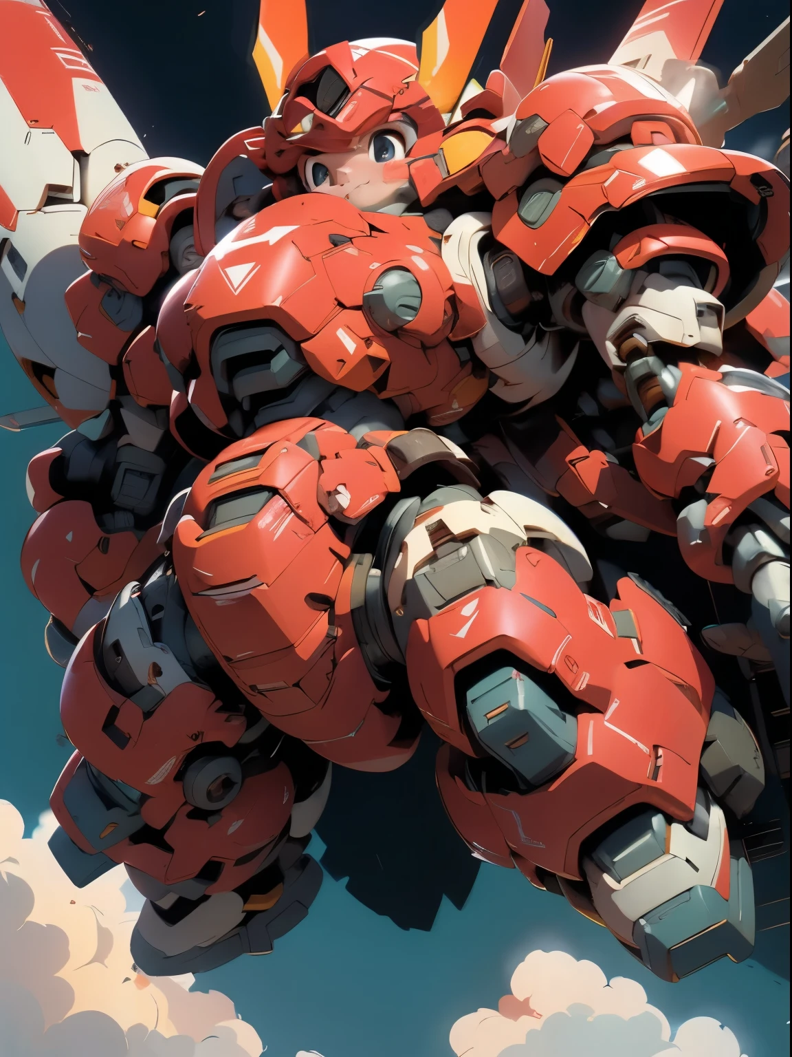 (((1 chibi girl in large red-colored robot costume, from below))), (holding weapons), (((helmet:1.5))), (((looking down:1.4))), ssmile, (chibi), (bulky:1.5), large cute face, mechanical parts, ((mechanical wings)), (full armor:1.8), (mecha armor:1.8), (shoulder guards:1.2),(huger arms), ((mechanical arms:1.5)), (short legs), (huger body:1.8), (heavy equipment:1.6), (from below), (headgear), blue sky, white clouds, robot joints, becoming a mecha, mecha, (RARS), (HRS), ROBOTANIMESTYLE, BJ_Cute_Mech,cute, girl BREAK ((masterpiece)), vibrant colors, 8k, best quality, ultra detailed illustration, ((best quality)), ((high resolution)), flawless skin textures, shiny oiled skin, extremely detailed anime eyes , extreme light and shadow,
