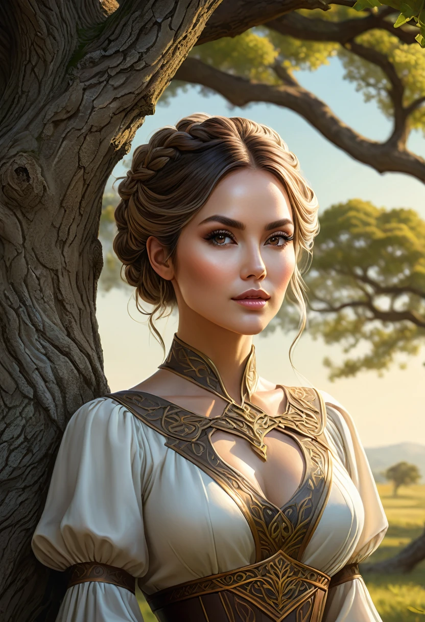 Feminine woman under an oak tree. Official Art – Character profile. An Award-Winning Digital Masterpiece In 4K Ultra HD, Extreme Detail And Intricate Realism. Symmetrical Face. This Concept Art Brought To Life By The Hands Of Artists Like Wlop & Artgerm In A Stunning 2D Vector Illustration.Background Is A Panoramic Vista.