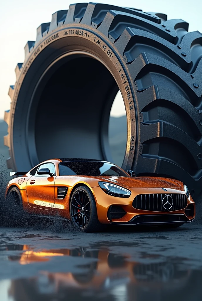 A sports car coming out of a tire in 3d