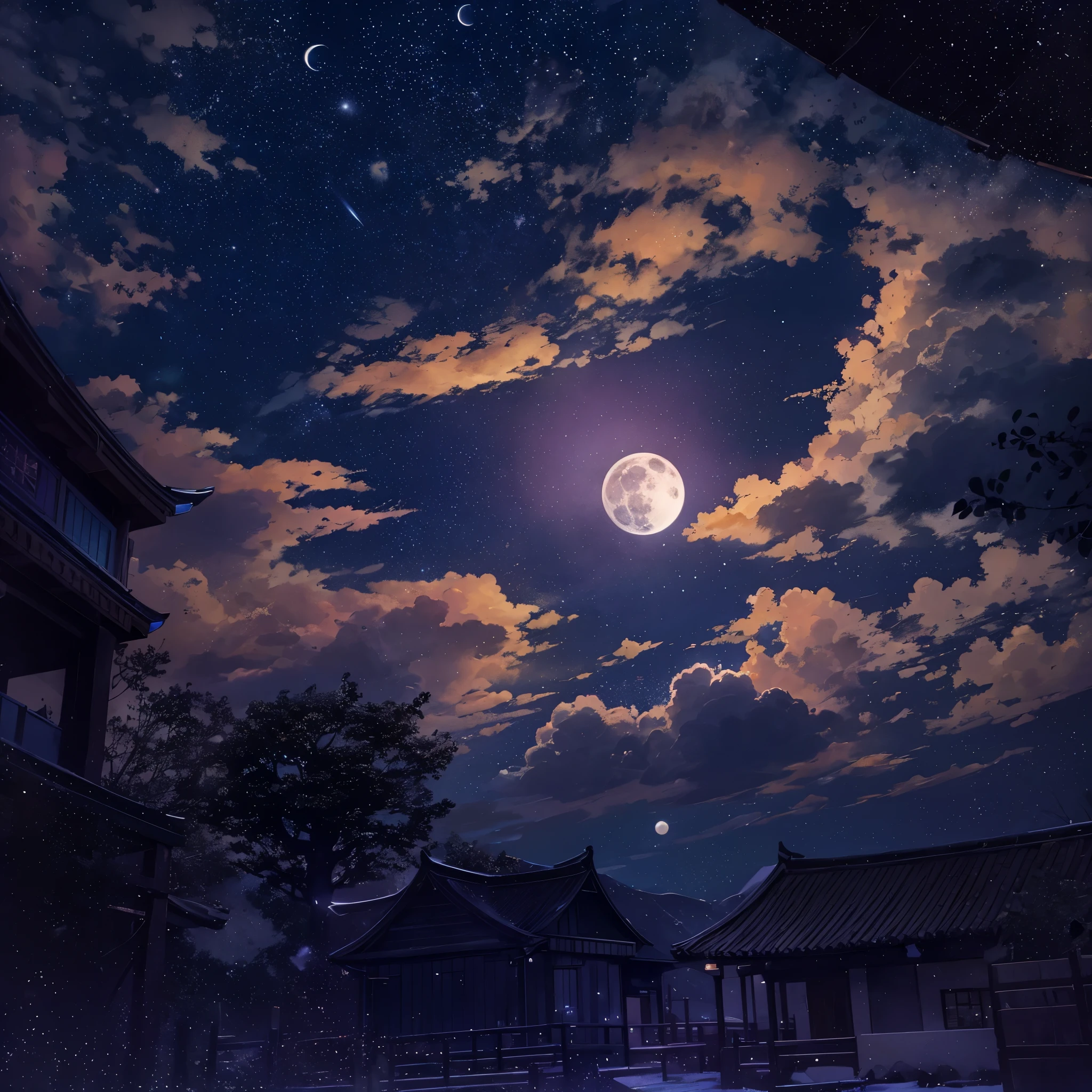 dark blue night sky,twinkling stars,clouds passing by,Revealing the dazzling full moon。 behind the moon,Five stars shine in a gradient of colors - from sun-like yellow to sunset-like orange,Then deepen to rose pink and purple,finally disappear into darkness。