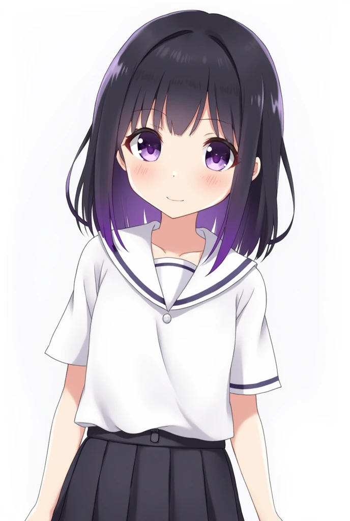 beautiful girl, black hair, purple highlights at the bottom of hair, purple eyes, cute, wearing a white school shirt with a skirt, no background. anime