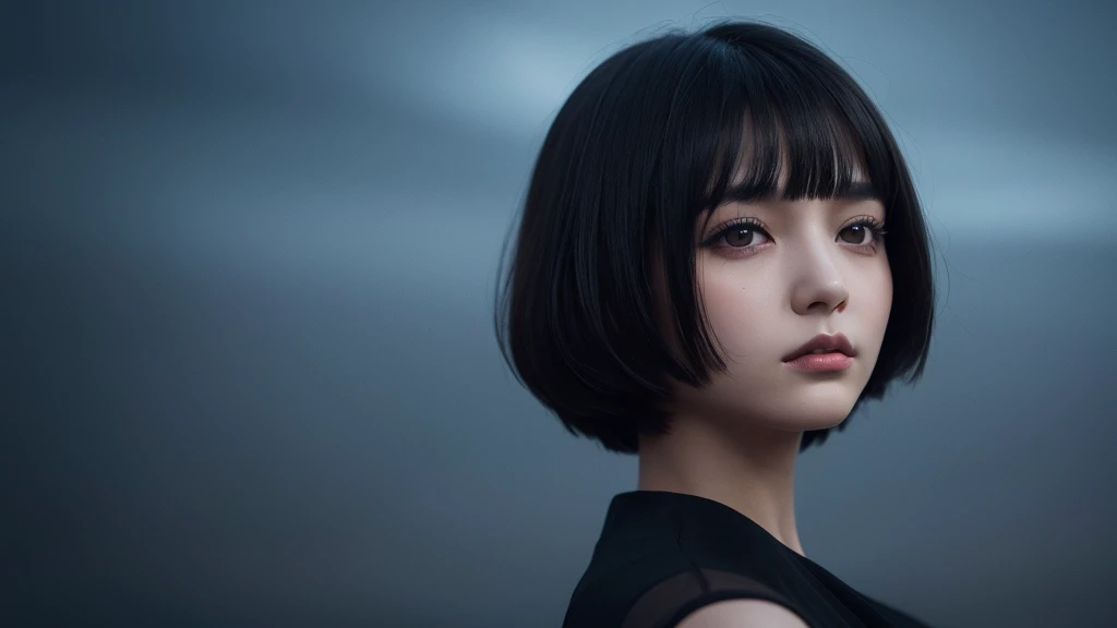 Delicate and dainty young woman with shiny bob-cut black hair . She is wearing black dress. The background is a fantastic and ethereal night sky that seems to be haunted by a specter. Her expression is stern and atmospheric. Angle from directly below.