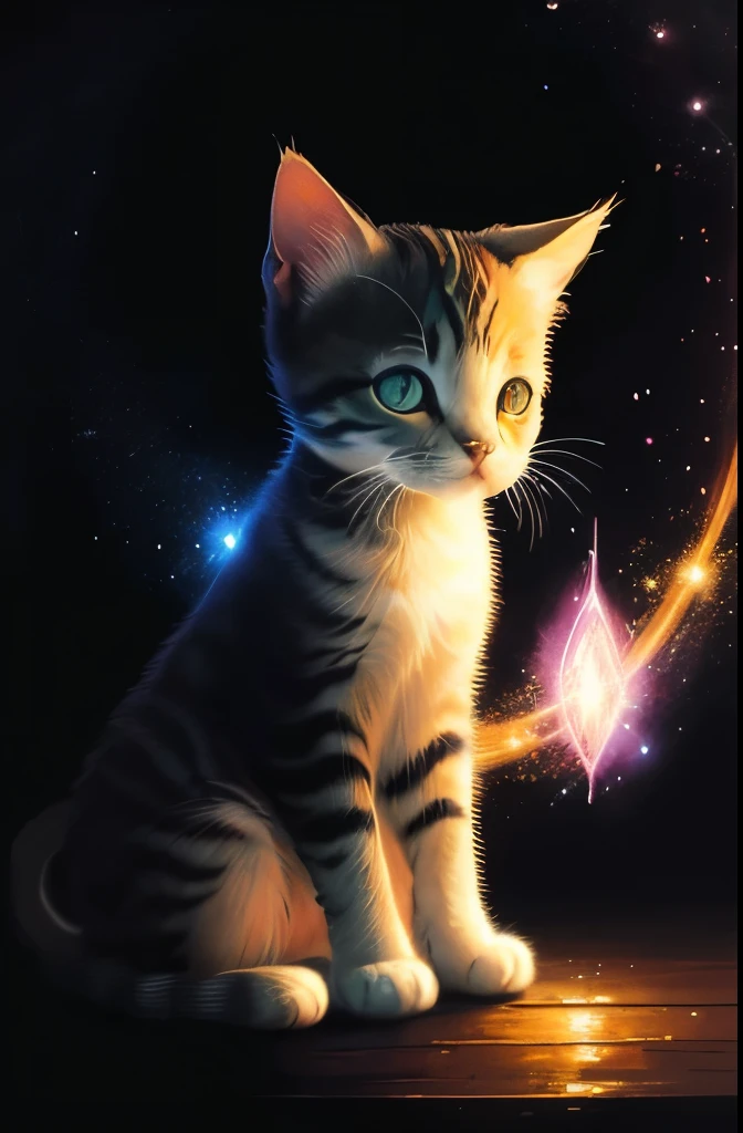 a painting of a colorful kitten on a black background,, breathtaking rendering, within a radiant connection, inspired by Kinuko Y. Craft,, magical elements, kitten icon, wow, is beautiful, casting a multi colorful spell, bright flash, flash
