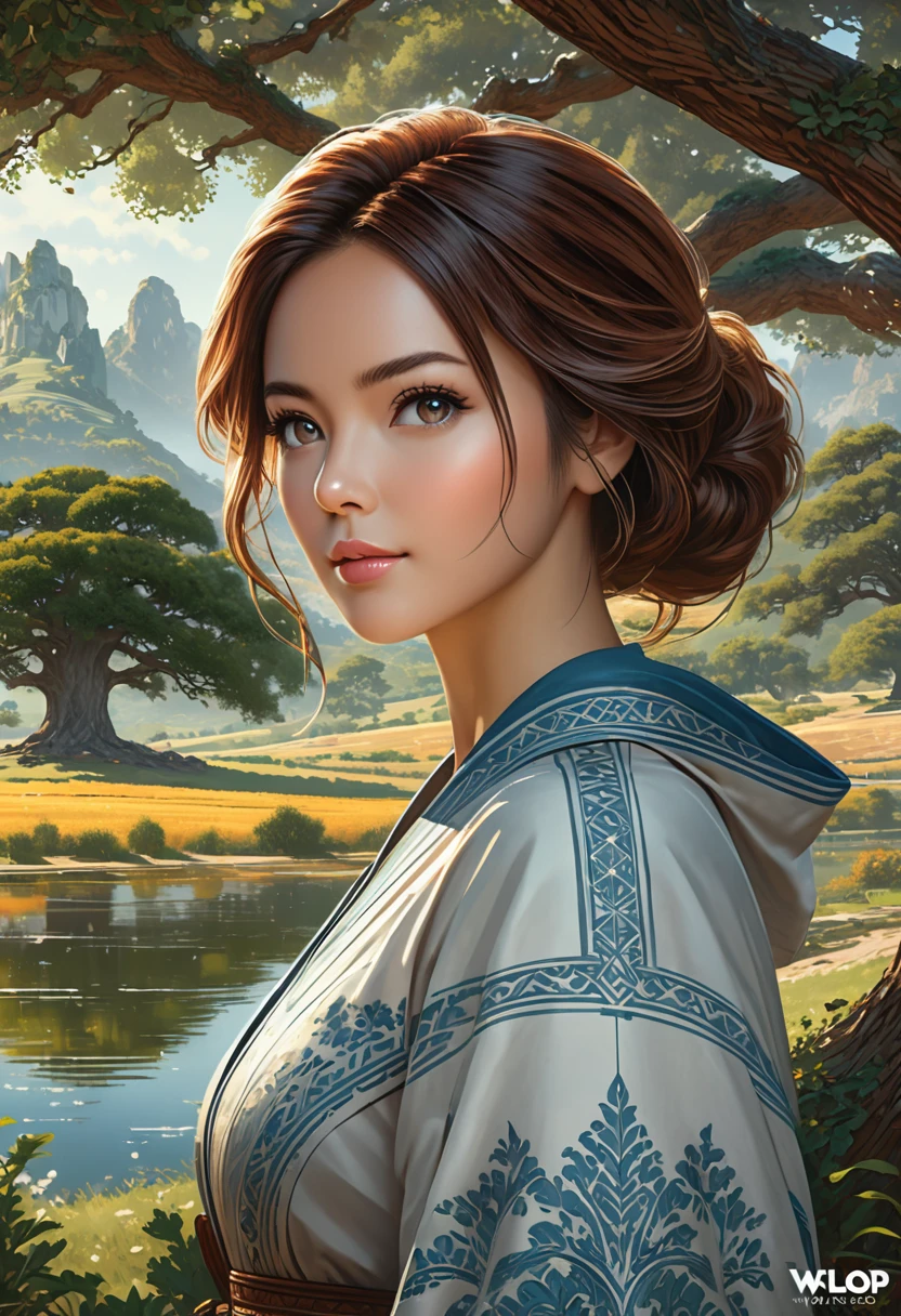 Feminine woman under an oak tree. Official Art – Character profile. An Award-Winning Digital Masterpiece In 4K Ultra HD, Extreme Detail And Intricate Realism. Symmetrical Face. This Concept Art Brought To Life By The Hands Of Artists Like Wlop & Artgerm In A Stunning 2D Vector Illustration.Background Is A Panoramic Vista.