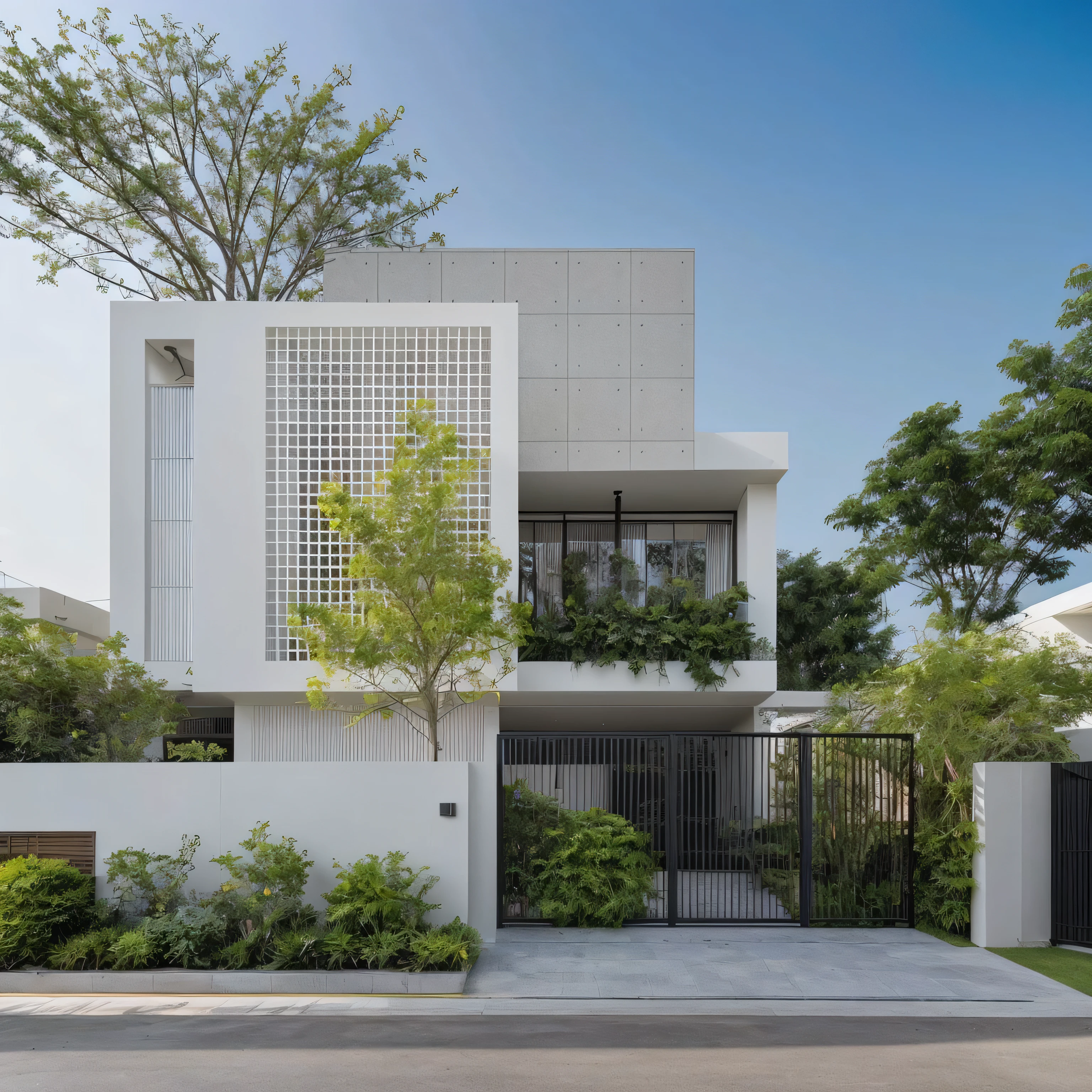 A modern two-story house with a minimalist and clean design. The front facade features large, geometric patterns with a lattice-like structure that provides privacy while allowing light to filter through. The house is surrounded by lush greenery, including trees and shrubs that enhance the natural ambiance. The exterior is predominantly white with subtle use of grey tones, creating a sleek and sophisticated appearance. A black metal gate and fence secure the entrance, and there are large windows and balconies that seamlessly integrate indoor and outdoor spaces. The design emphasizes simplicity, openness, and a connection with nature, with the use of vertical gardens and planters to soften the modern lines.
