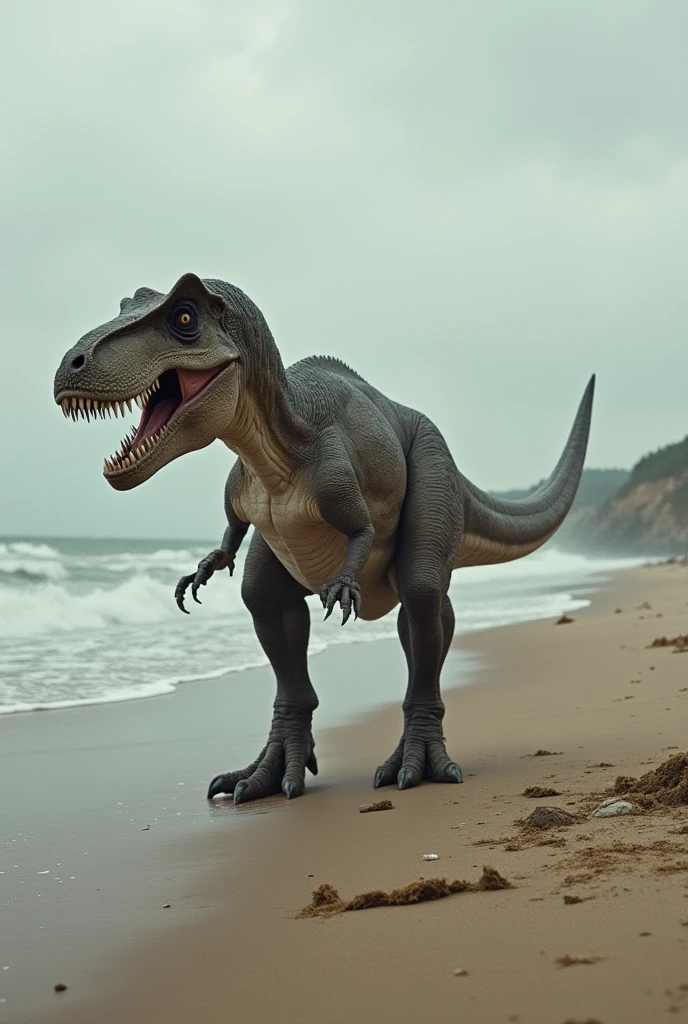 A Tyrannosaurus Rex on the beaches of Normandy, World War 2 photo, chaos