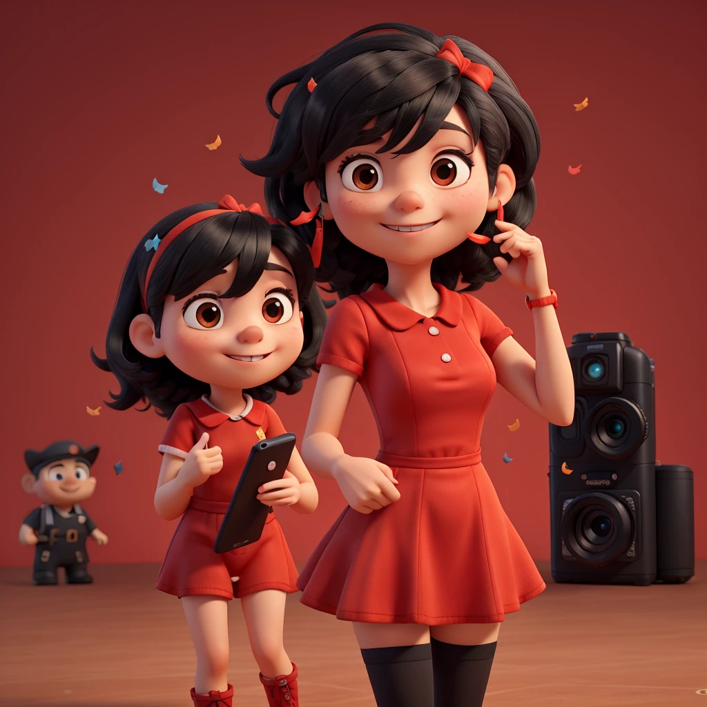 black hair, mobile phone, short red dress, Red background, town,
cameras. streamers mini falda