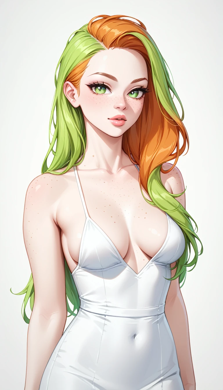 1 Girl, Medium Breasts, Half Orange Hair And Half Lime Green Hair, Split Hair Color, Two Hair Colors, Lime Green Eyes, Nice Eyes, Long Hair Style, Freckles, Nice Lips, Nice Nose, Pale White Skin, Smooth Skin, Uncaring, Sexy, Bitch, Long White Casual Dress