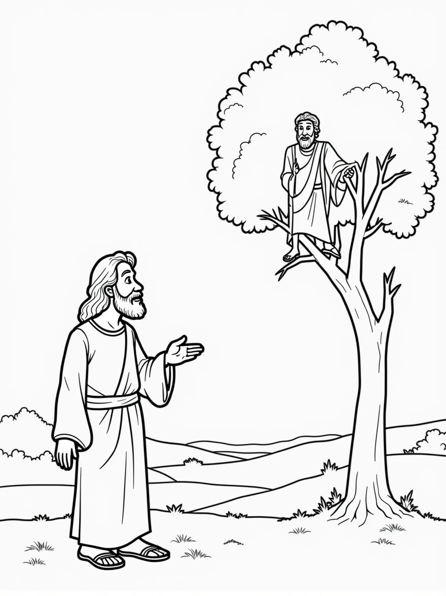 Coloring page of JESUS ​​talking to Zacchaeus in a beautiful landscape and Zacchaeus on top of a tree, cartoon-like, thick line, uncolored, white background, just traces.